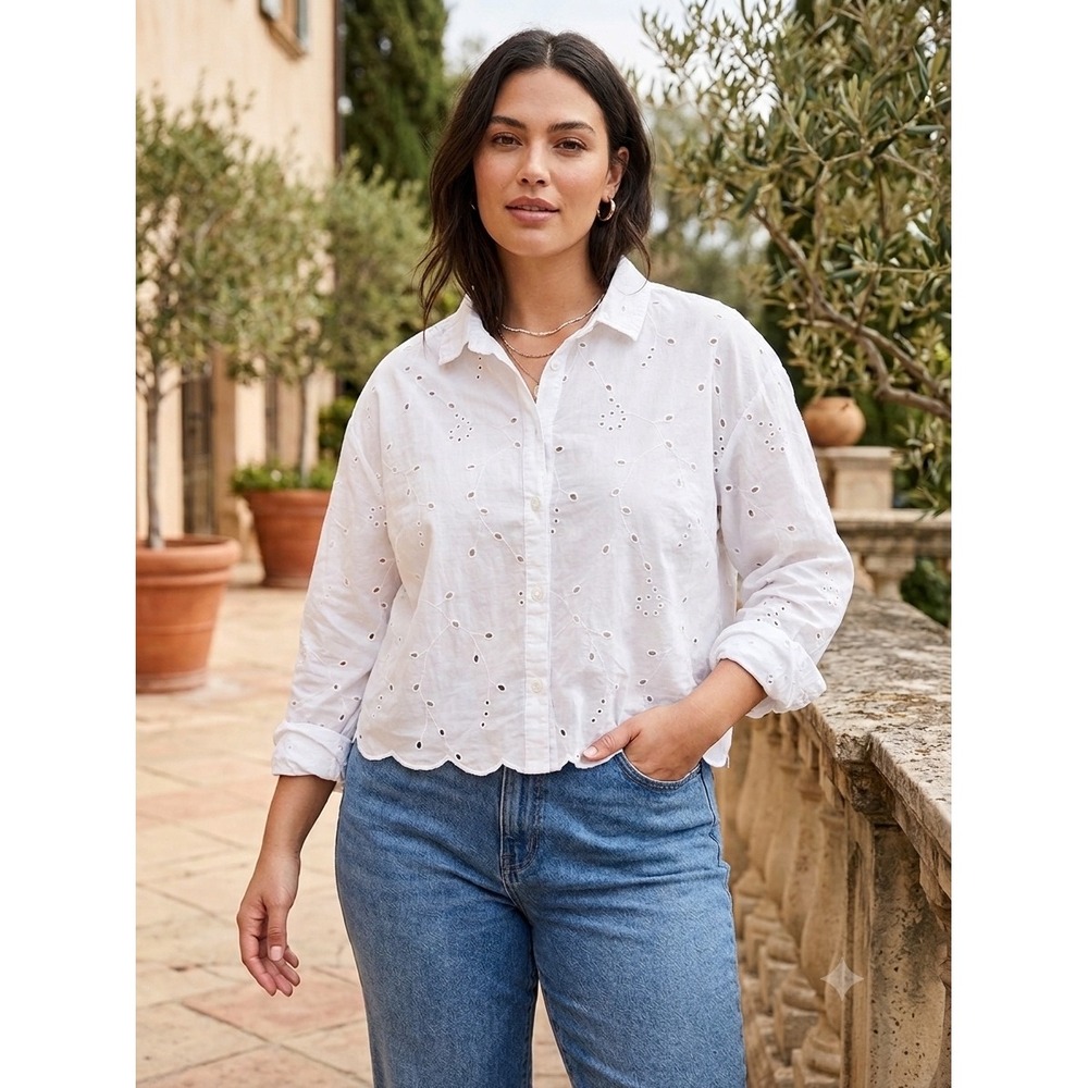 A New Day White Eyelet Long Sleeve Button Down Blouse Scalloped Hem XXL